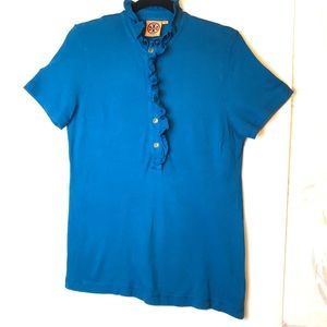 TORY BURCH AQUA BLUE RUFFLE POLO BLOUSE SIZE M